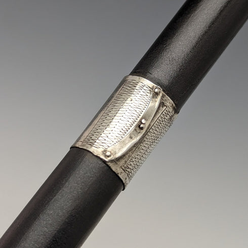1930 British Vintage Men's Cane, Black Shaft, Sterling Silver Decorated Curved Handle, 92cm